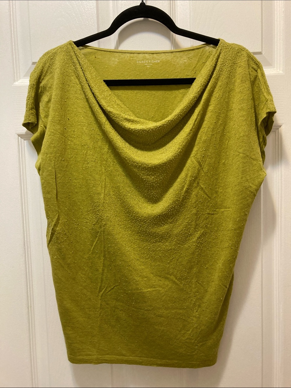 Eileen Fisher Linen Chartreuse Draped Cowl Neck Top